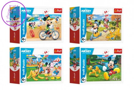 Minipuzzle 54 dílků Mickey Mouse Disney/ Den s přáteli 4 druhy v krabičce 9x6,5x4cm 40ks v boxu