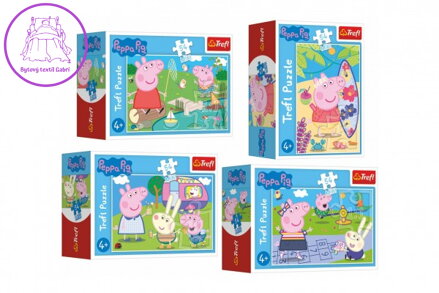 Minipuzzle 54 dílků Šťastný den Prasátka Peppy/Peppa Pig 4 druhy v krabičce 9x6,5x3,5cm 40ks v boxu