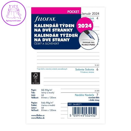 Kalendář Filofax kapesní, týden /2 strany ČJ+SJ 2024, linkovaný