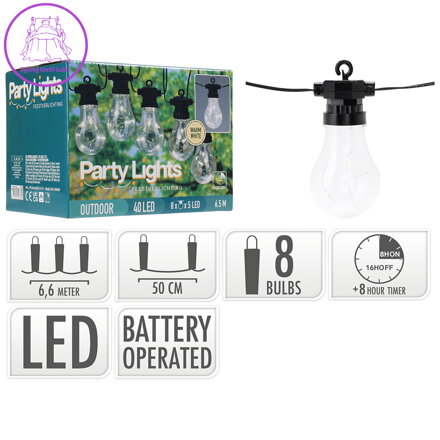 Párty osvětlení - řetěz 8 LED žárovek, teplá bílá, délka 6,5m