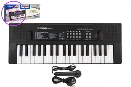 Pianko/Varhany/Klávesy 37 kláves plast napájení na USB + mikrofon 40cm v krabici 41x15x4cm