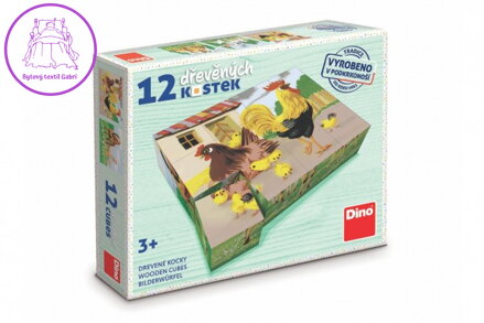 Kostky kubus domácí zvířátka retro dřevo 12ks v krabičce 21x18x4cm
