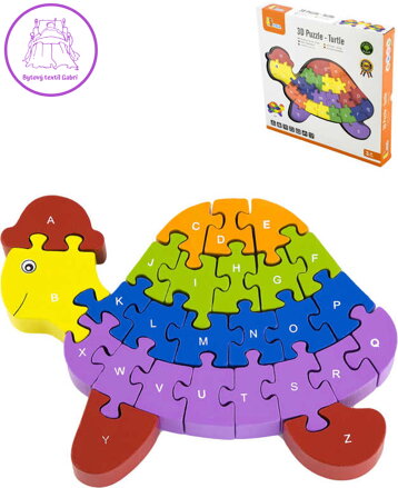 DŘEVO 3D Puzzle skládačka želva 24cm s abecedou 26 dílků v krabici