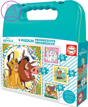 EDUCA Puzzle v kufříku Disney zvířátka 4v1 (12,16,20,25 dílků)