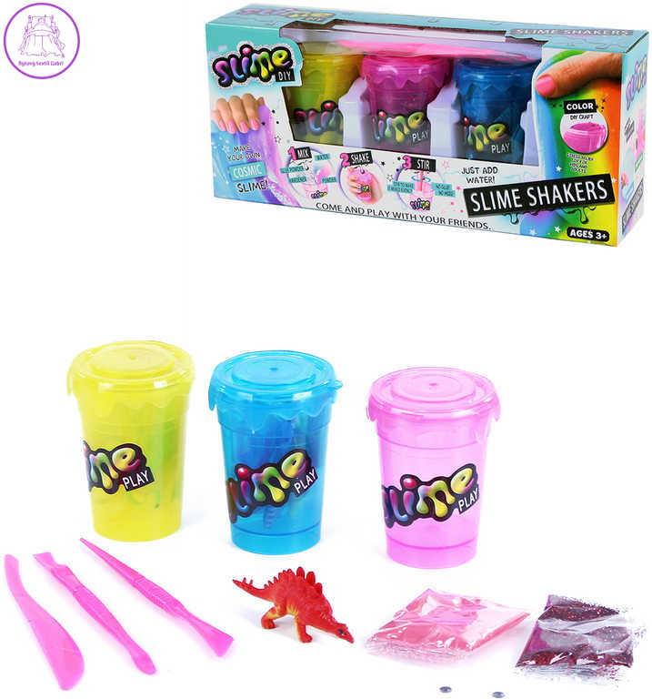 Slime Play výroba slizu kreativní set 3 kelímky se třpytkami a dino figurkou