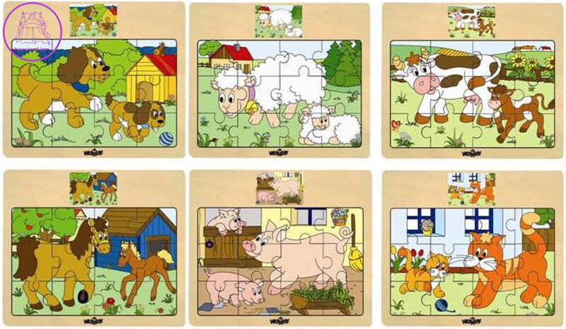 WOODY DŘEVO Puzzle na desce Zvířátka domácí s mláďátky 6 druhů