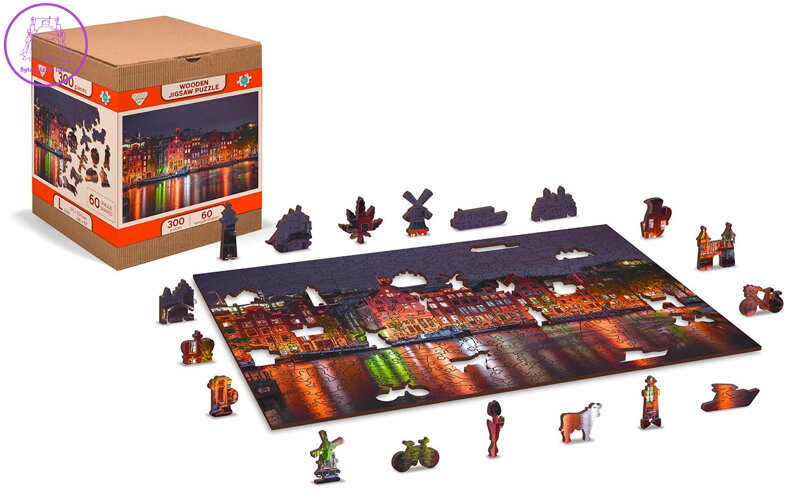 WOODEN CITY Dřevěné puzzle Noční Amsterdam 2v1, 300 dílků EKO
