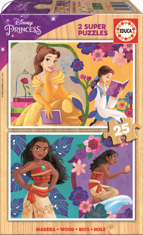 EDUCA Dřevěné puzzle Disney princezny 2x25 dílků