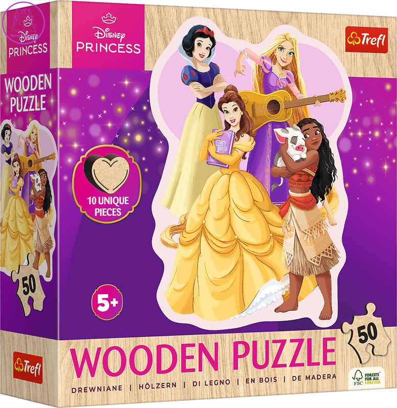 TREFL Dřevěné obrysové puzzle Disney: Krásné princezny 50 dílků